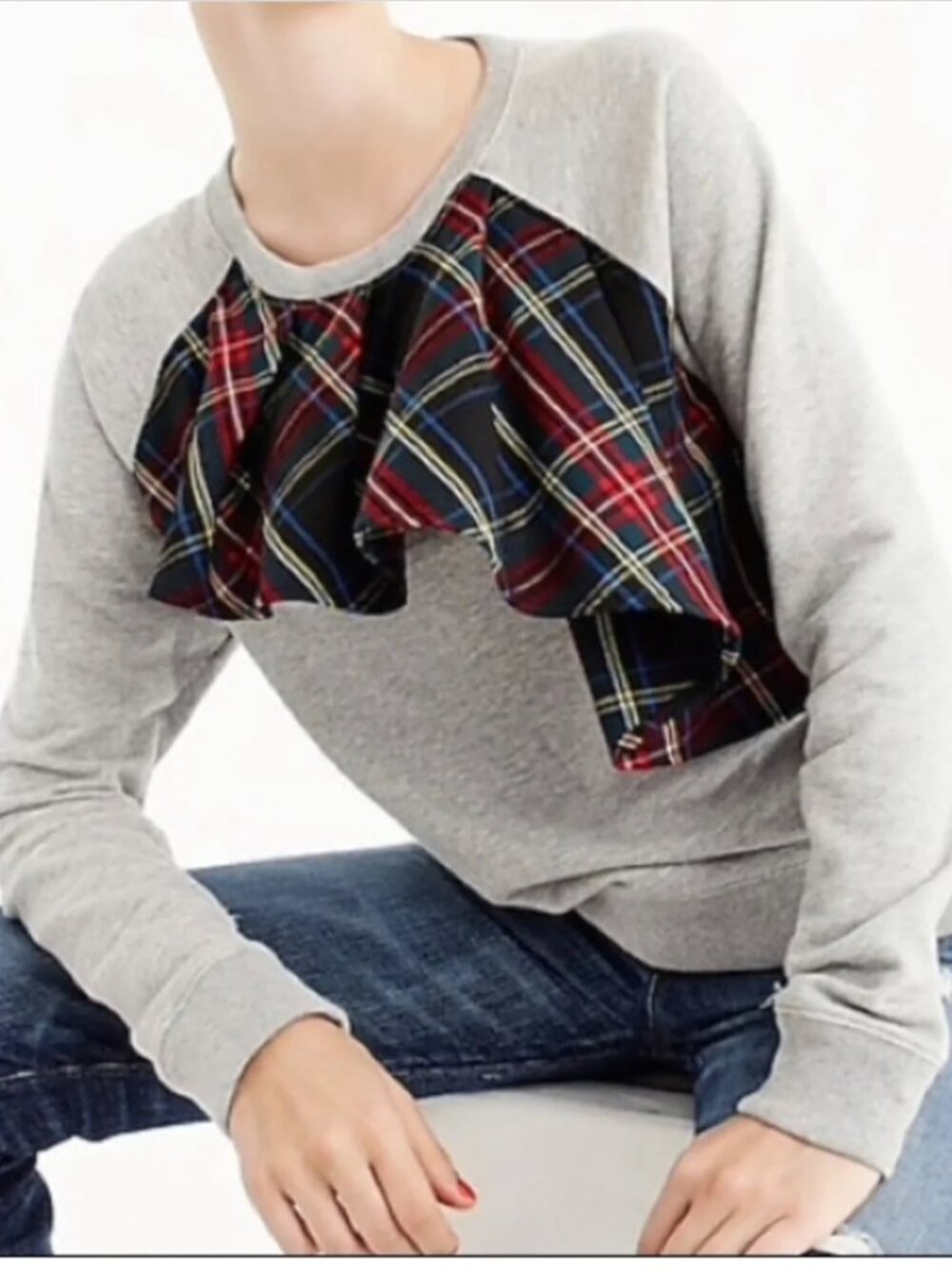 J.Crew Holiday Tartan Plaid Ruffle Sweatshirt Size S
